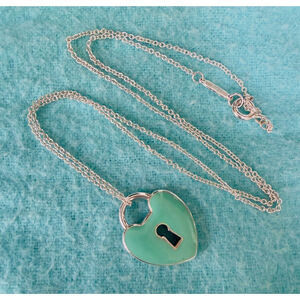 Tiffany & Co. Silver MEDIUM Double Side Blue Enamel Heart Lock Necklace 16”